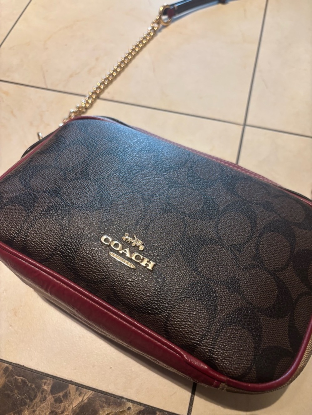 Coach Brown Signature Canvas Crossbody with Burgundy Trim - Picture 2 of 7